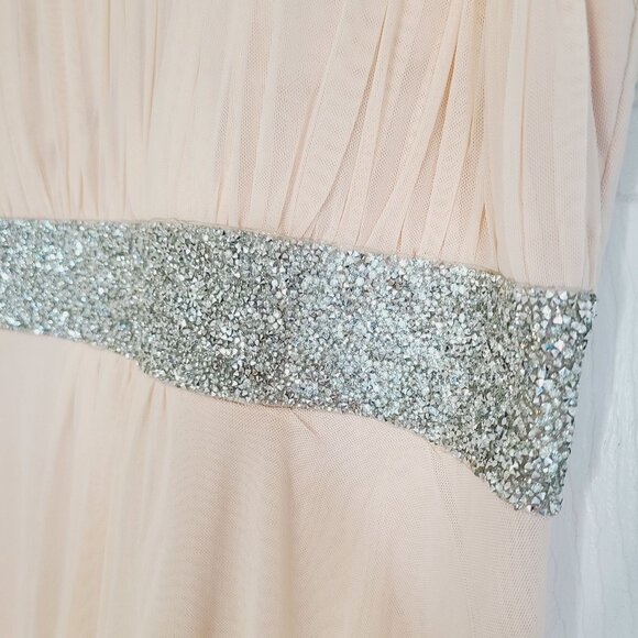 Blush Pink Sleeveless Maxi Dress With Silver Sequin Detailing & Pleated Design - Picture 5 of 13